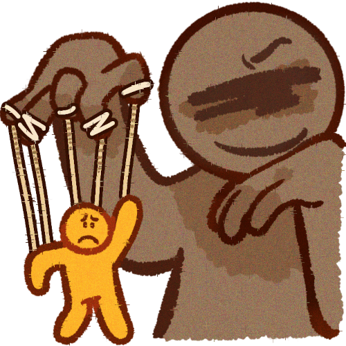 A grey figure with smile and obscured eyes holding a worried yellow figure on puppet strings